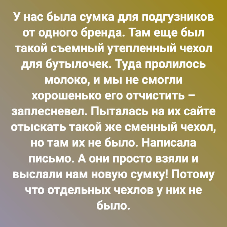 У нас была сумка для подгузников от одного бренда. Там еще был такой съемный утепленный чехол для бутылочек. Туда пролилось молоко, и мы не смогли хорошенько его отчистить – заплесневел. Пыталась на их сайте отыскать такой же сменный чехол, но там их не было. Написала письмо. А они просто взяли и выслали нам новую сумку! Потому что отдельных чехлов у них не было.