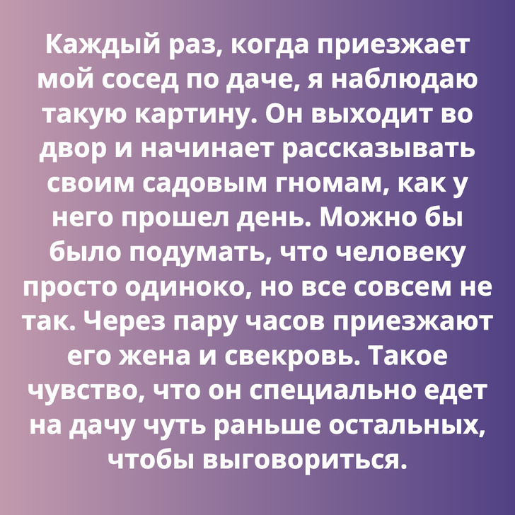 Каждый раз, когда приезжает мой сосед по даче, я наблюдаю такую картину. Он выходит во двор и начинает рассказывать своим садовым гномам, как у него прошел день. Можно бы было подумать, что человеку просто одиноко, но все совсем не так. Через пару часов приезжают его жена и свекровь. Такое чувство, что он специально едет на дачу чуть раньше остальных, чтобы выговориться.