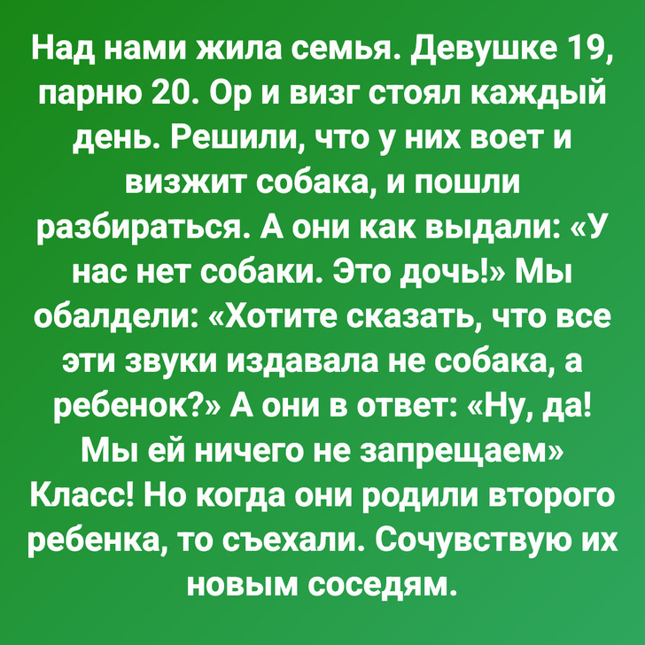 Над нами жила семья. Девушке 19, парню 20. Ор и визг стоял каждый день. Решили, что у них воет и визжит собака, и пошли разбираться. А они как выдали: «У нас нет собаки. Это дочь!» Мы обалдели: «Хотите сказать, что все эти звуки издавала не собака, а ребенок?» А они в ответ: «Ну, да! Мы ей ничего не запрещаем» Класс! Но когда они родили второго ребенка, то съехали. Сочувствую их новым соседям.