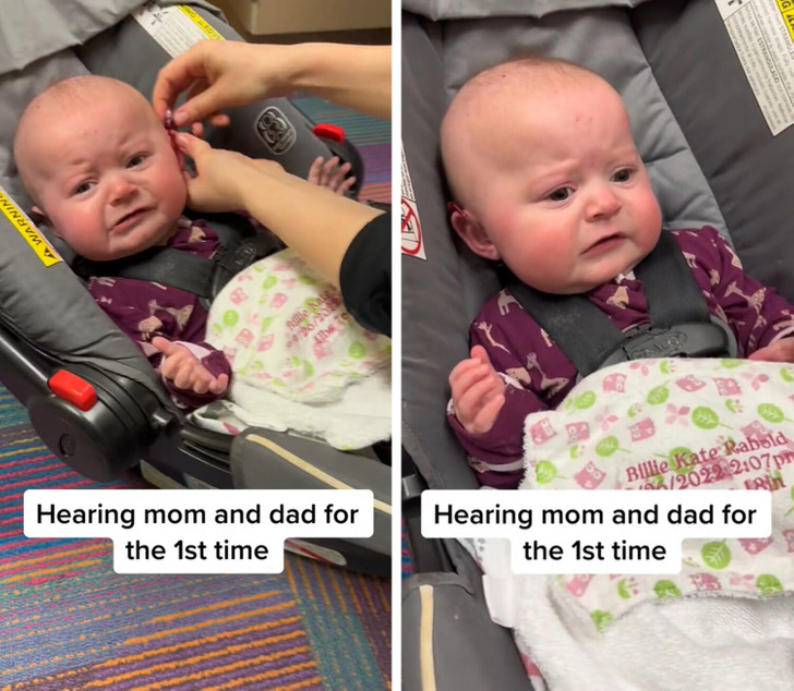 Малышка с нарушением слуха впервые услышала голоса своих родителей.  И ее бесценна